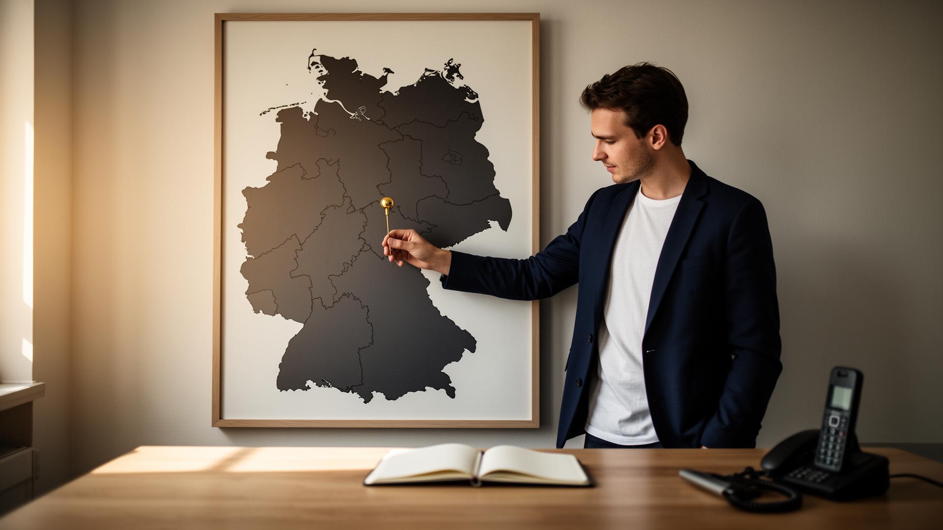 Junger Unternehmer setzt einen goldenen Landkarten-Pin in eine gerahmte Deutschlandkarte auf einem Eichen-Schreibtisch, symbolisiert exklusives Vertriebsterritorium, warmes Tageslicht