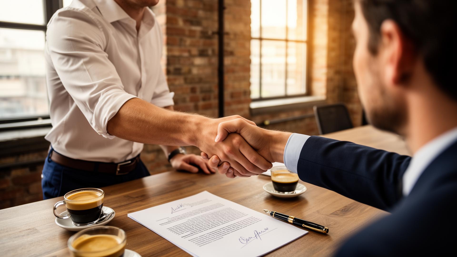 Handschlag zwischen einem jungen B2B-Vertriebsprofi und einem Kunden über einem Meetingtisch mit unterschriebenem Vertrag, Füllfederhalter und zwei Espressotassen