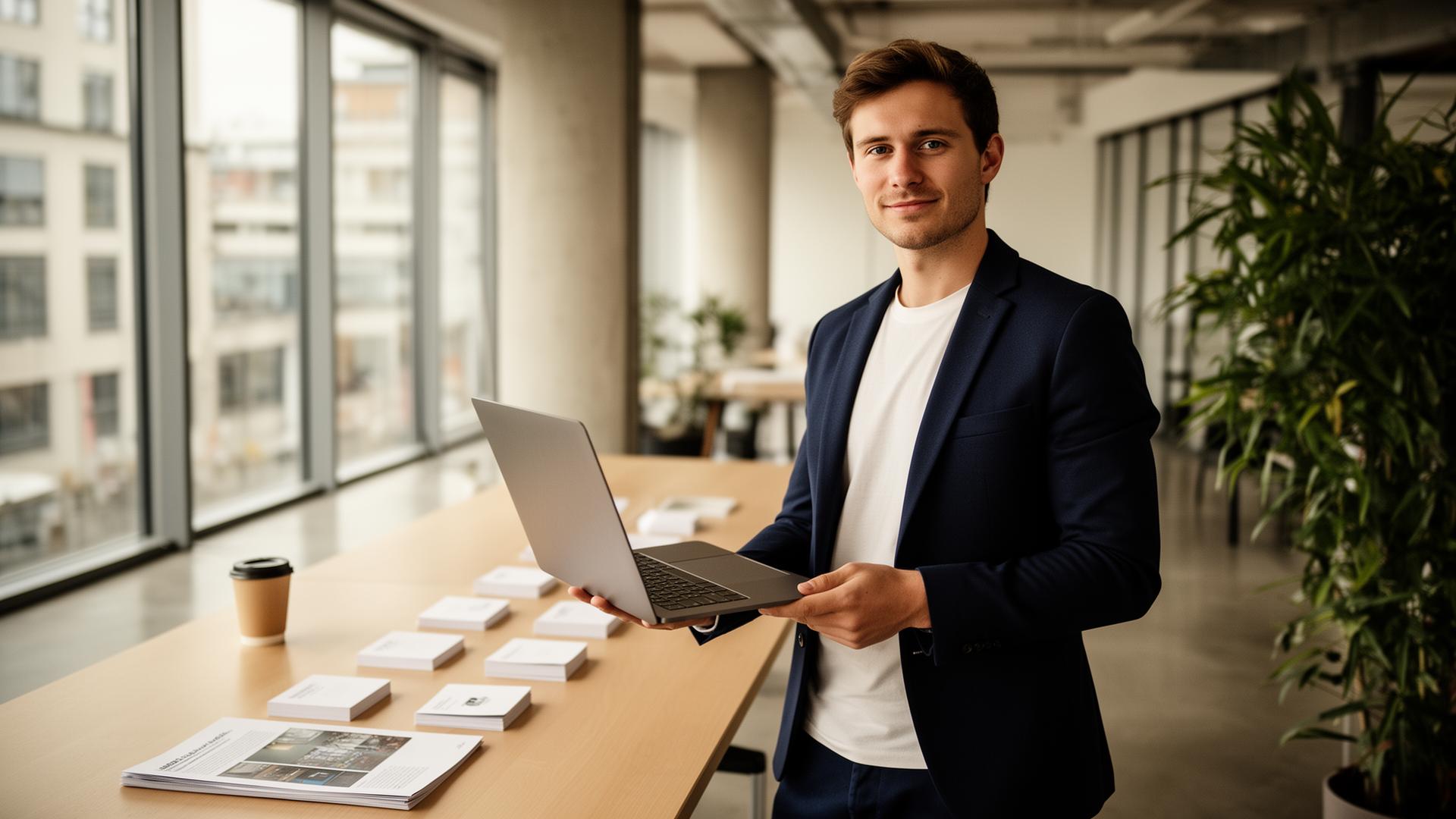 Junger Agenturgründer im navy Blazer präsentiert einen Laptop in einem modernen Loft-Office mit Visitenkarten und Broschüre auf dem Tisch