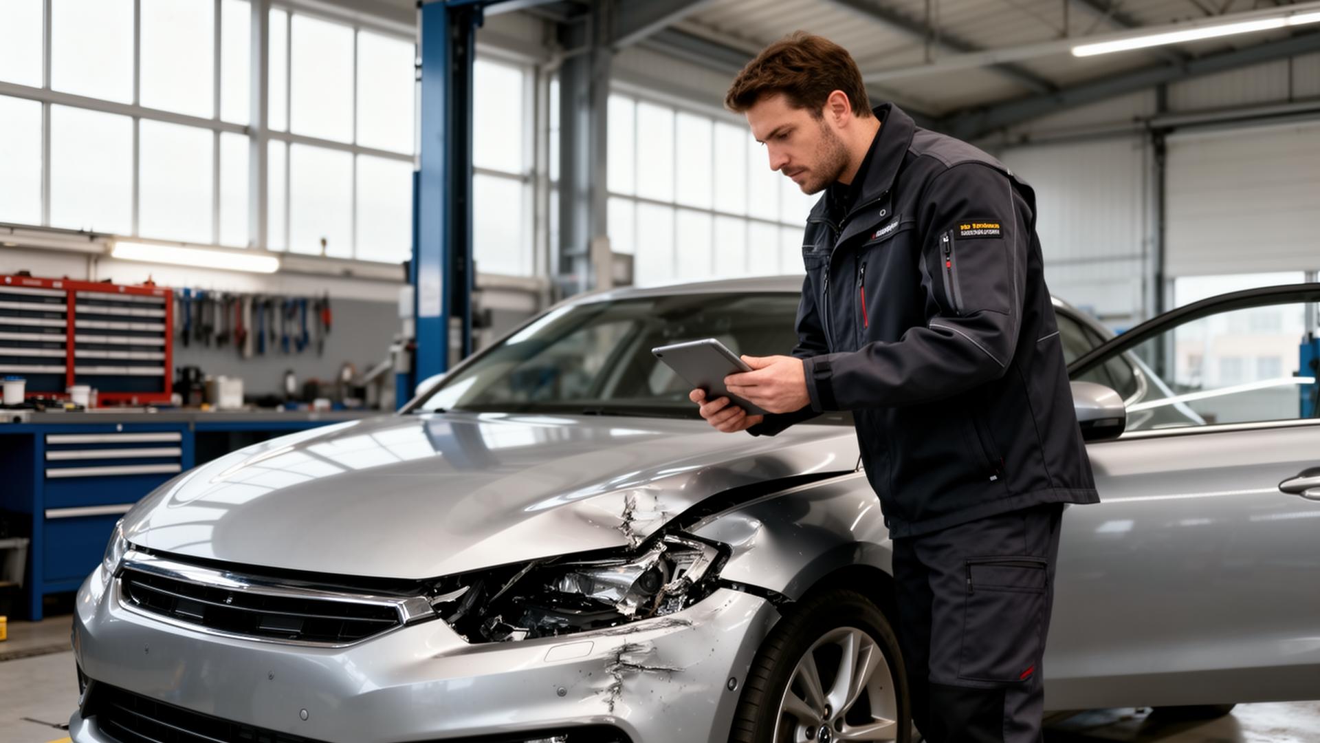 KFZ-Sachverständiger in dunkler Arbeitsjacke dokumentiert mit einem Tablet den Frontschaden eines silbernen Fahrzeugs in einer professionellen Werkstatt mit Tageslicht