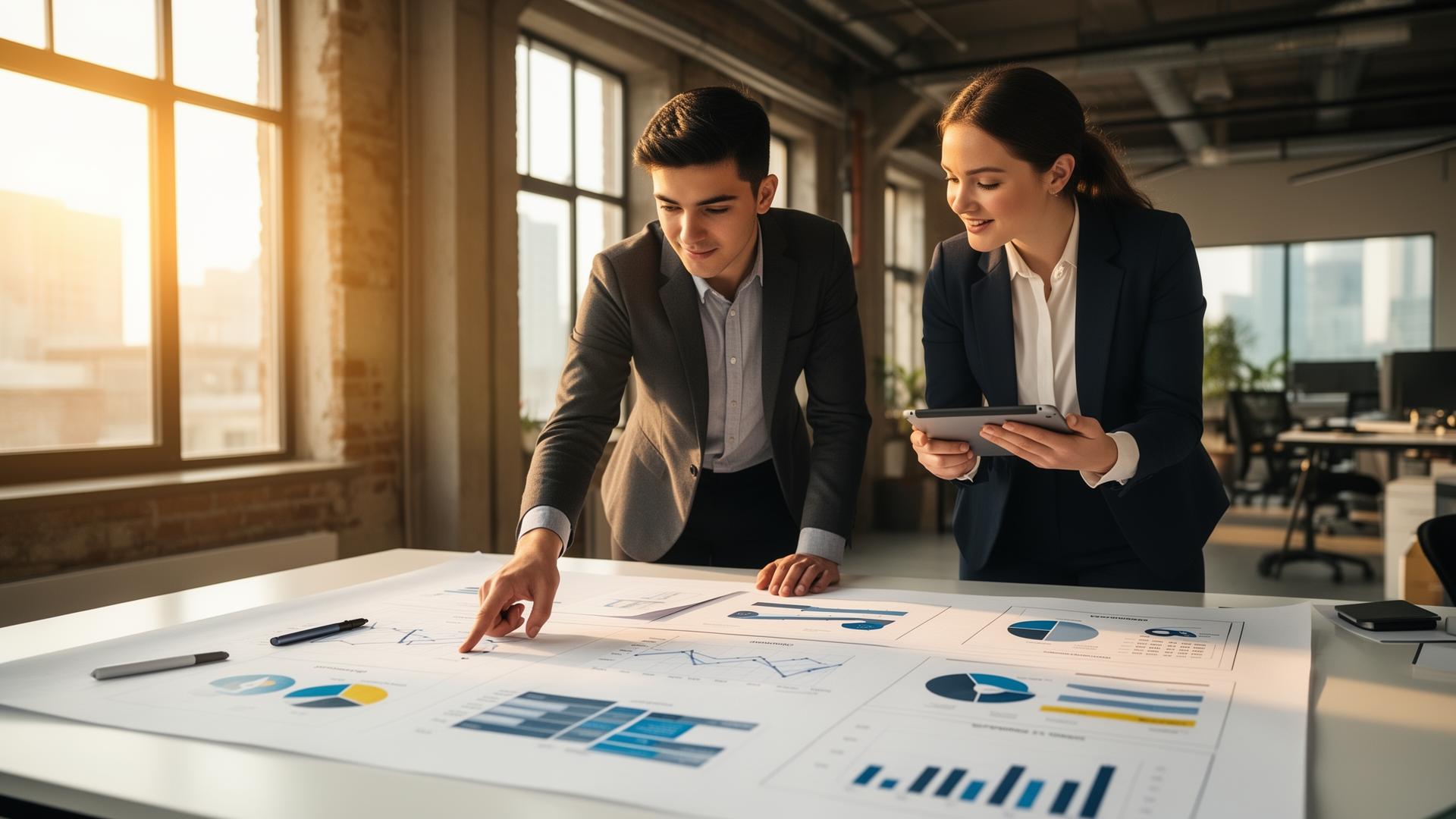 Zwei junge Vertriebsprofis kollaborieren an einem großen Whiteboard-Tisch, analysieren Charts gemeinsam, eine Person mit Tablet, modernes Industrie-Office mit warmem Tageslicht