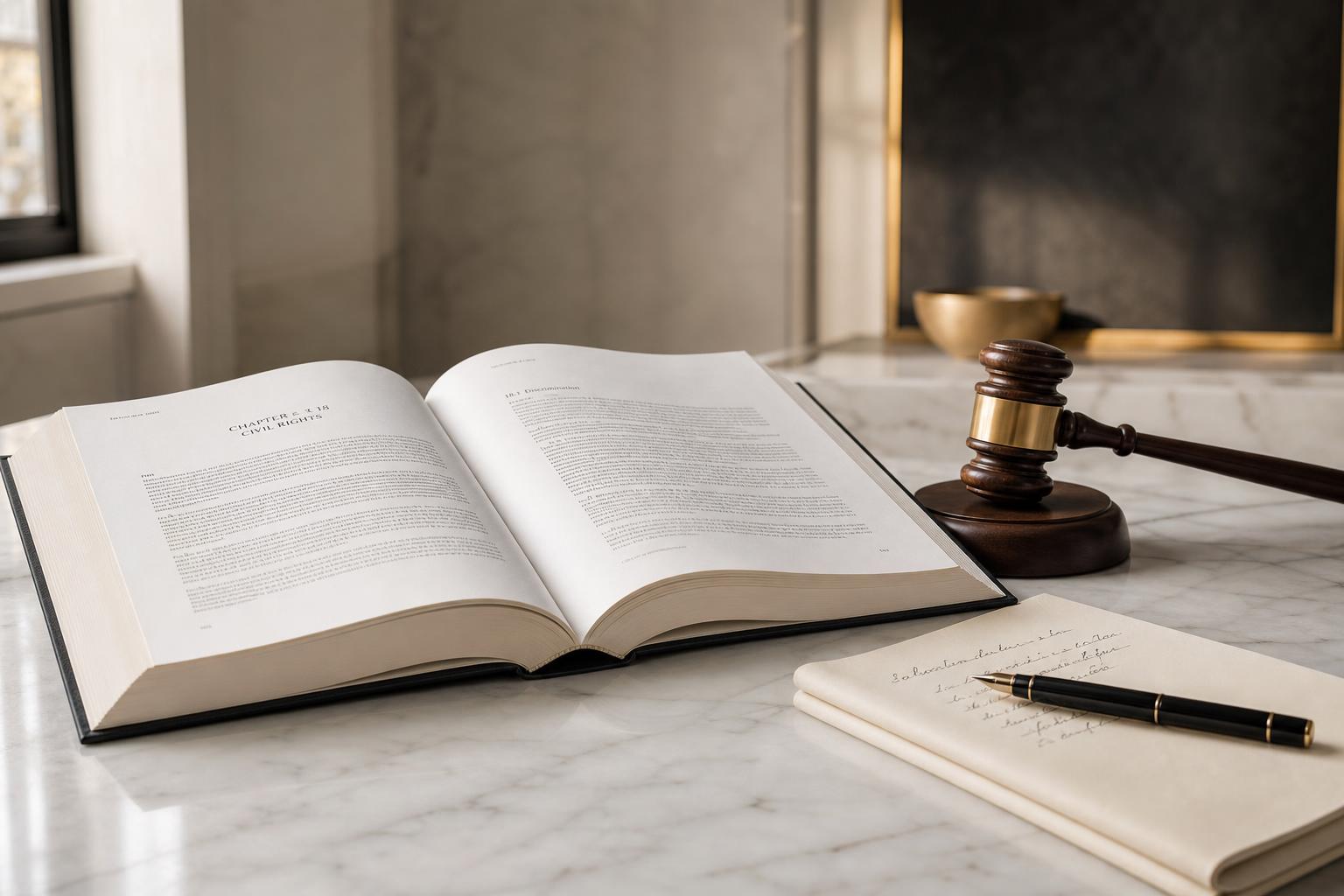 Compliance-Verantwortliche am Schreibtisch mit aufgeschlagenem Gesetzbuch, Vertrag, Füller und kleiner Justitia-Waage