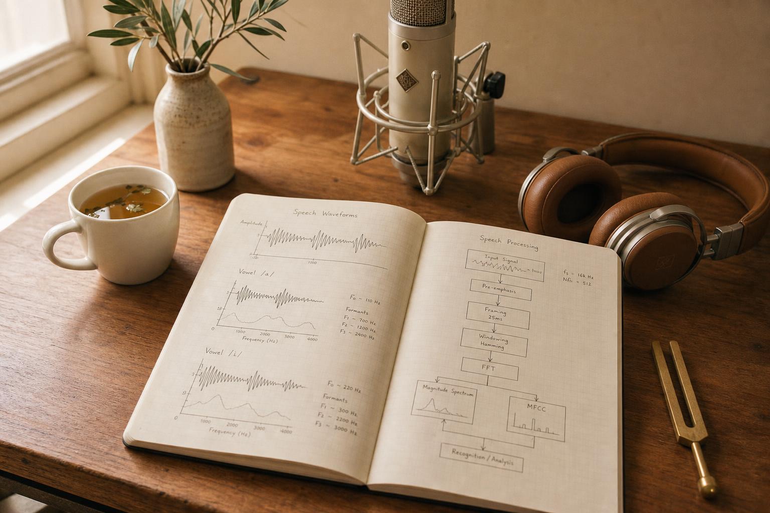 Schreibtisch mit Notizbuch, Skizzen von Sprachwellen, Kopfhörern und Mikrofon am Fenster
